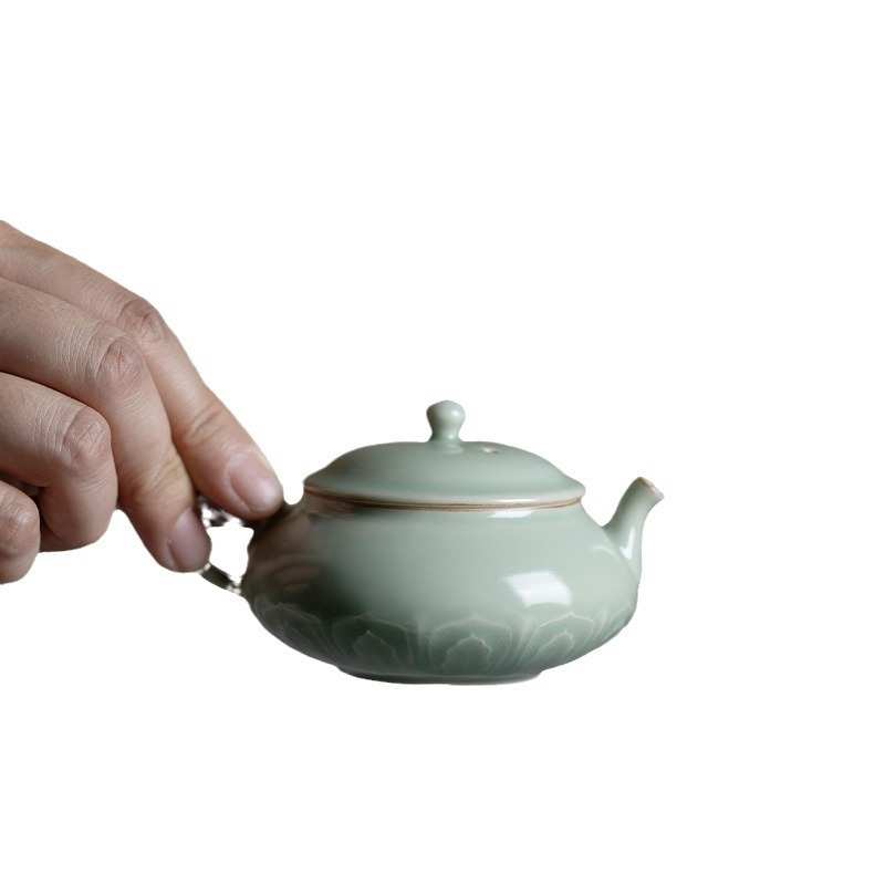 梵汝手作陶瓷浮雕玉泥草木灰扁形壶家用茶具手执泡茶壶带过滤防烫