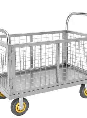 C8重型钢板车周转拣货车理货平板车带围栏护栏手推车摆摊手推车