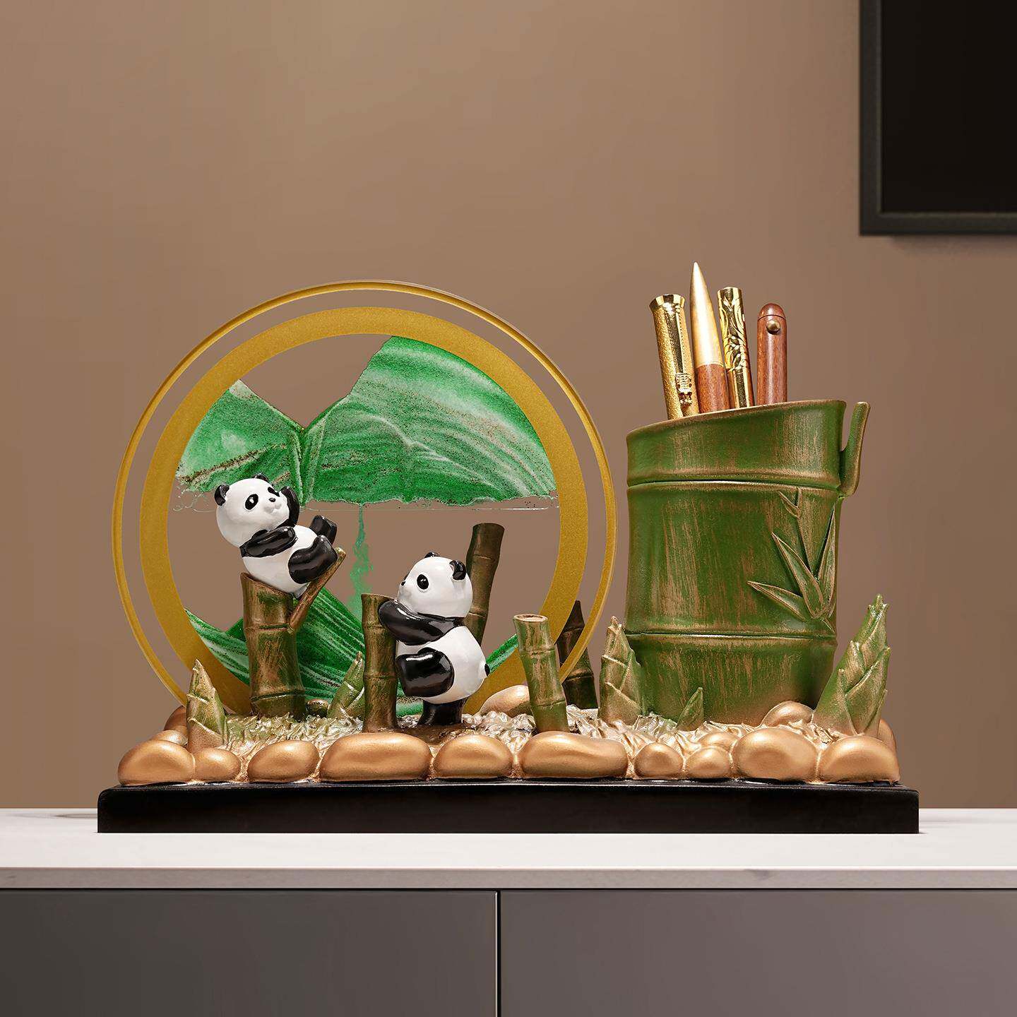 新中式熊猫文创笔筒流沙画摆件装饰品办公室桌乔迁毕业礼物送老师