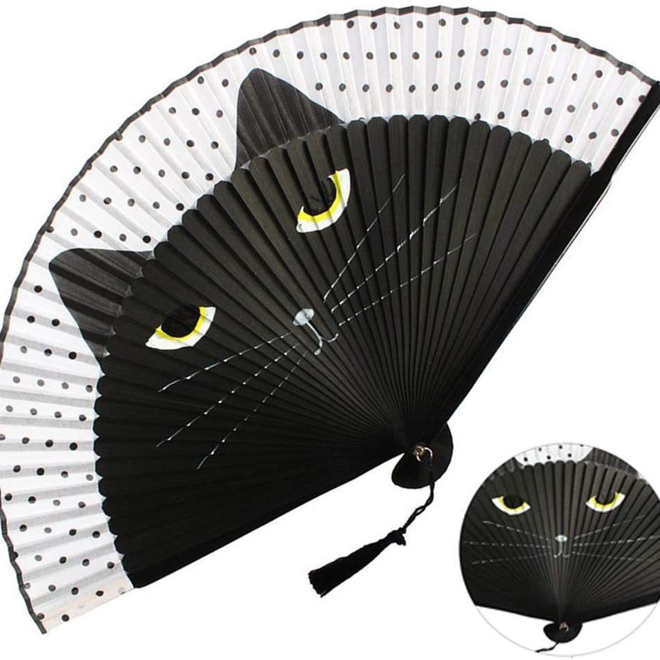 烤漆柄喷绘猫咪折扇日本折扇女生竹编/竹雕