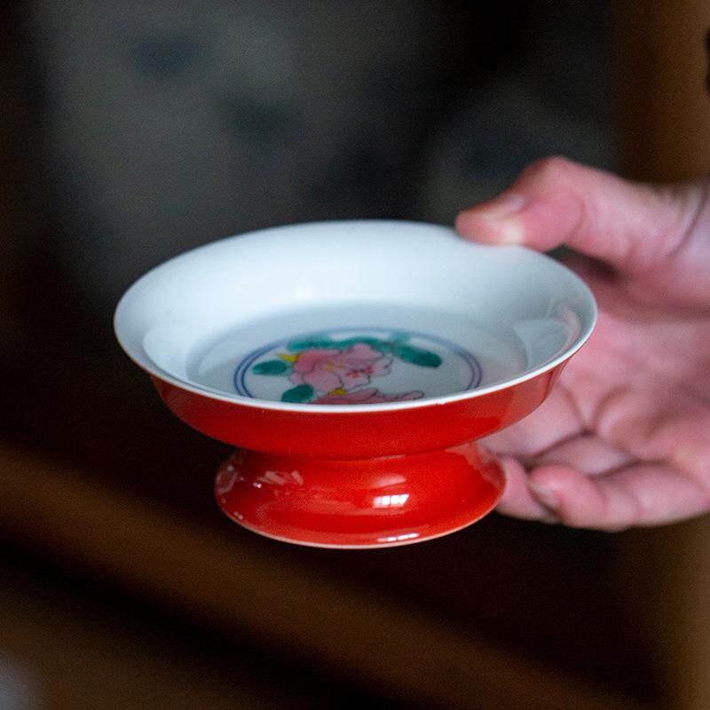 纯手绘杜鹃花高足壶承中式陶瓷干泡盘盖碗底座茶点盘茶道零配件