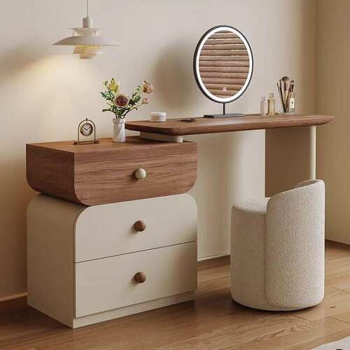 现代中古风家具胡桃木梳妆台高级简约小户型收纳奶油风轻奢梳妆台