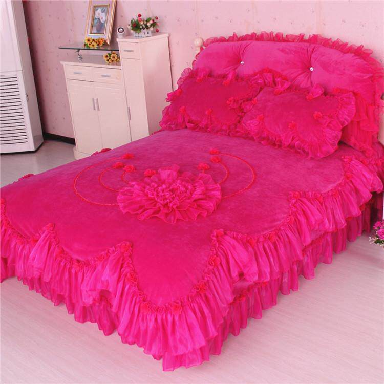 新款冬绗床裙式新款缝花边四件套女心双绒面床单床罩被套紫色家少