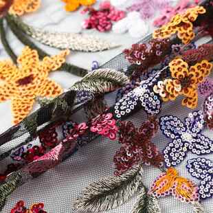 L11饰亮片刺绣 布立体XC2 时满幅彩色片绣花面料植物珠装 走秀服装