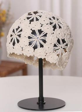 日系春夏新款文艺蕾丝花朵镂空包头帽女甜美时尚针织毛线帽0117k