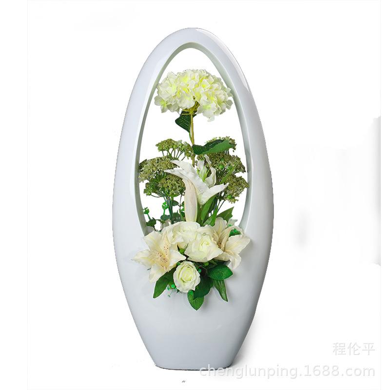 圆形镂空玻璃钢落地花瓶,配仿真花束套装,配花软装摆件