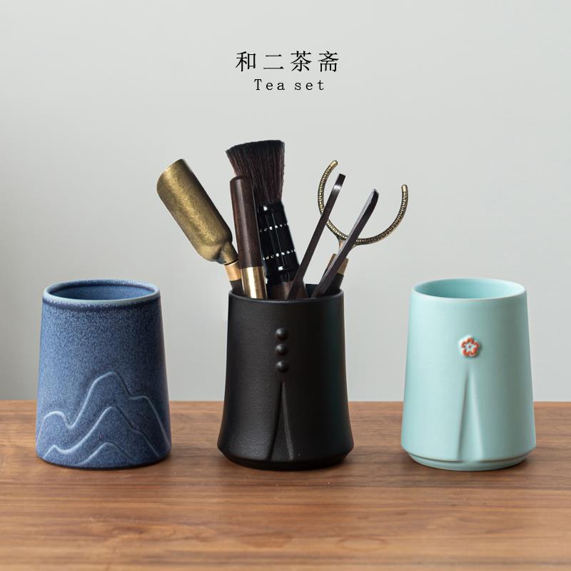 茶道六君子套装陶瓷黑檀木家用实木金属功夫茶具配件收纳筒六件套