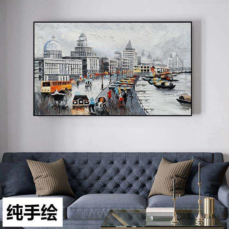 手绘油画城市建筑抽象黑白灰装饰画客厅玄关轻奢背景挂画餐厅壁画