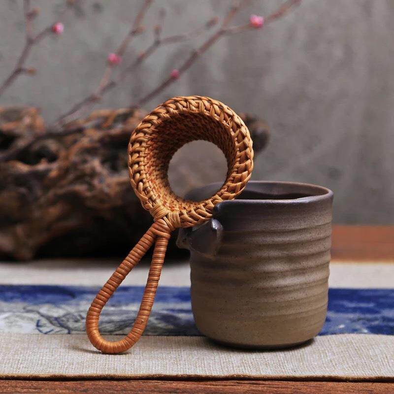 手工藤编茶漏茶滤过滤器功夫茶具竹编纱布滤网漏斗家用茶配件