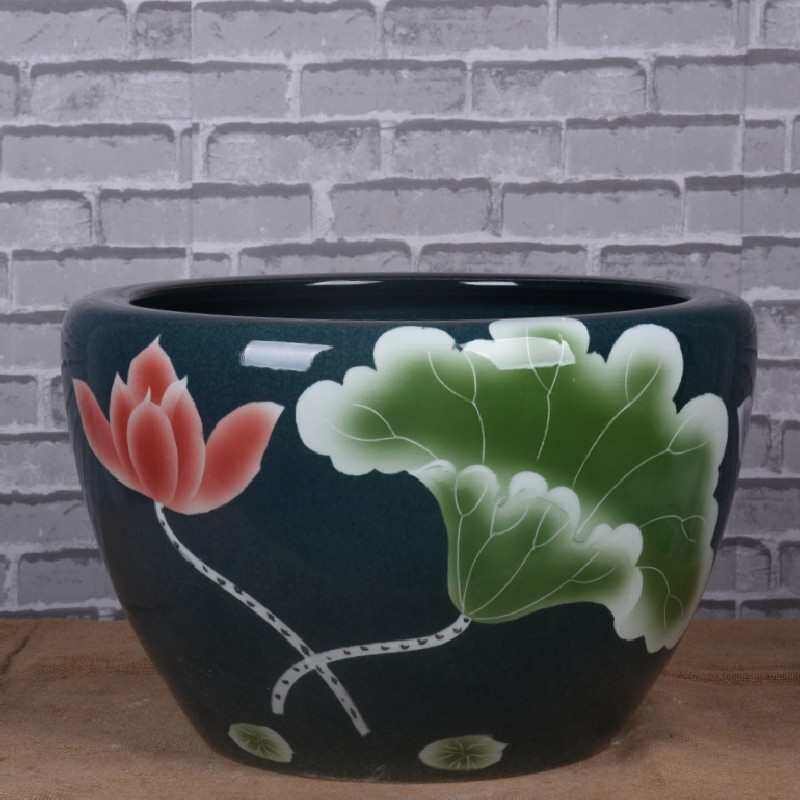 景德镇陶瓷鱼缸颜色釉雕刻荷花栽花养鱼缸园林造景装饰水缸字画缸