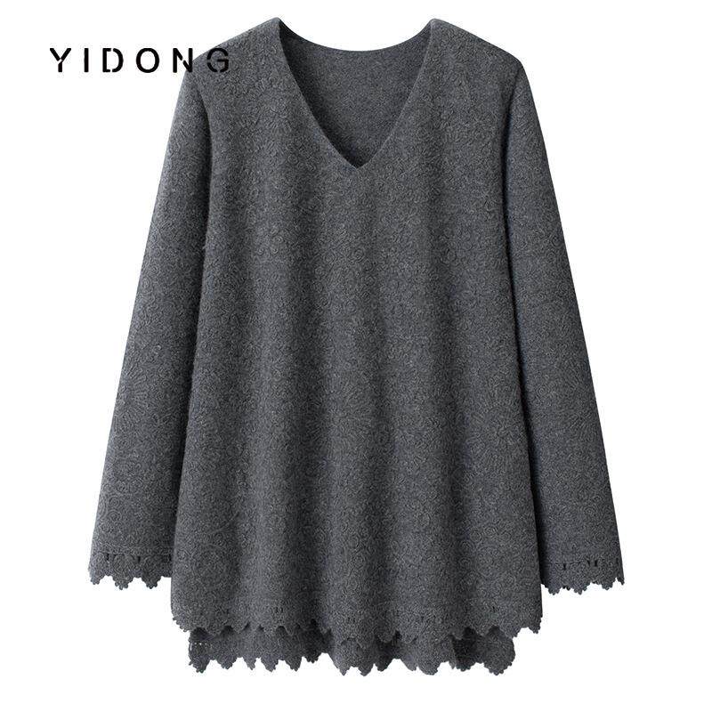 中长款山羊绒12针平纹手工勾边毛衣宽松开叉前长后短机刺绣针织衫