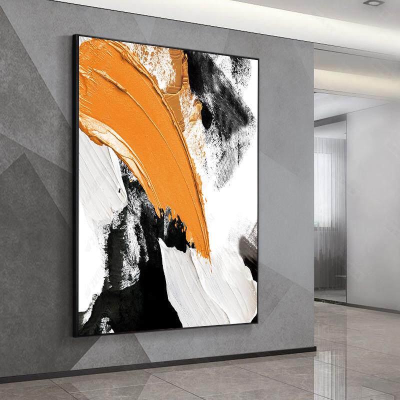 手绘油画立体抽象黑白橙装饰画玄关背景墙肌理画客厅餐厅挂画现代