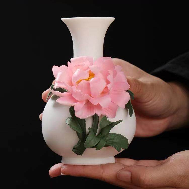 新式《玉桌壶春瓶手工牡丹陶瓷》花瓶中PUK家居摆件面茶室客厅装