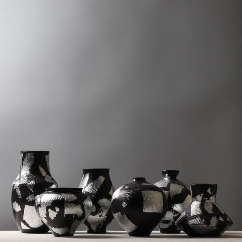 现代简约创意陶瓷花瓶锡箔装饰拼色插花酒店售楼部博古架展示摆件