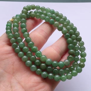 拍卖-天然玉石老坑天然满色翡翠飘绿冰糯种满绿圆珠项链 66.91克