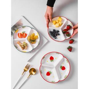 日系陶瓷加深分格餐盘带盖减脂三格盘可微波炉菜盘水果盘儿童便当