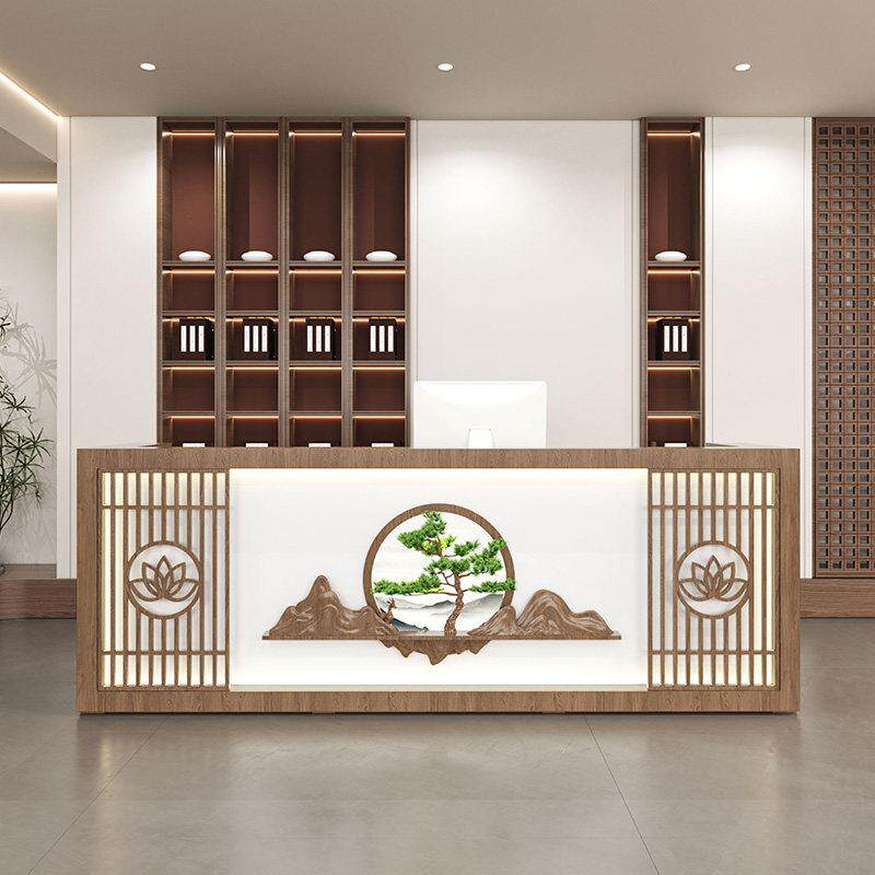 新中式收银柜台吧台茶楼前台小型店铺实木柜台饭店前台桌接待台定