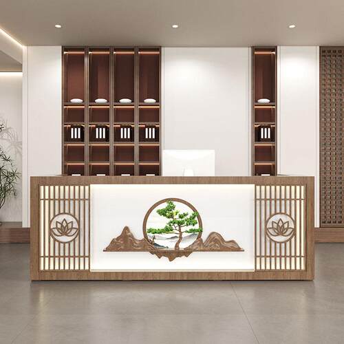 新中式收银柜台吧台茶楼前台小型店铺实木柜台饭店前台桌接待台定