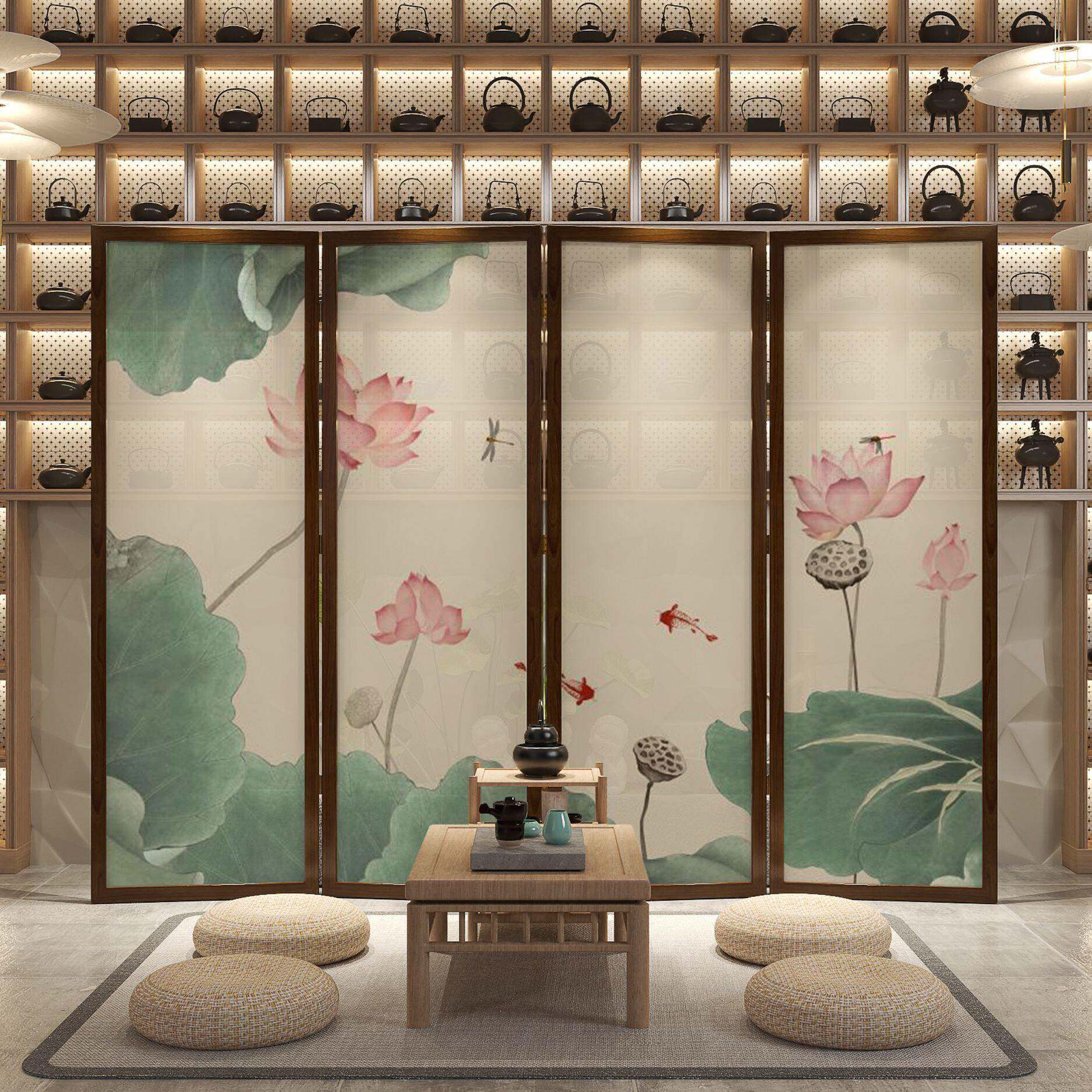 新中式荷花屏风隔断客厅折叠移动现简约酒店餐厅入户可移动折屏