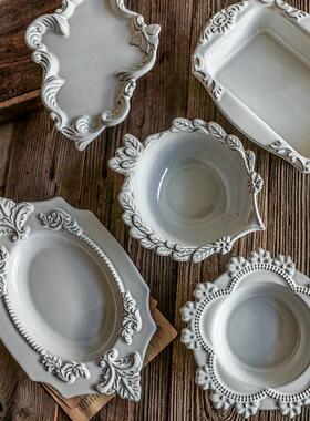 法式陶盘入瓷甜高品盘中古浮雕盘DBI颜值点心复古户玄关餐桌高脚