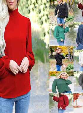 Womens Turtleneck Sweater Sleeve Color Balloon Loose Solid