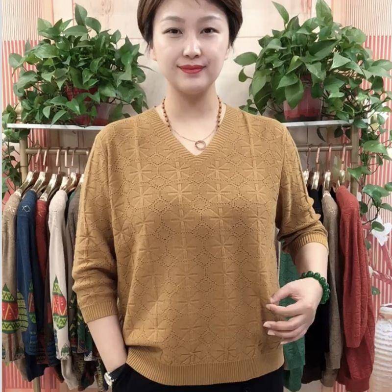新品洋气镂空v领韩版2026早秋新款九分袖针织t恤大码女士宽松显瘦