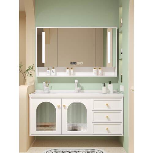 实木浴室柜法式奶油风陶瓷一体盆智能镜柜组合卫生间洗漱台洗手盆