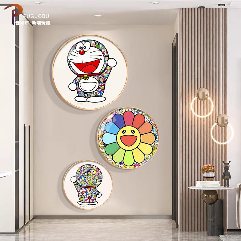太阳花村上隆挂画晶瓷圆形卡通儿童房间床头画现代入户玄关装饰画图片