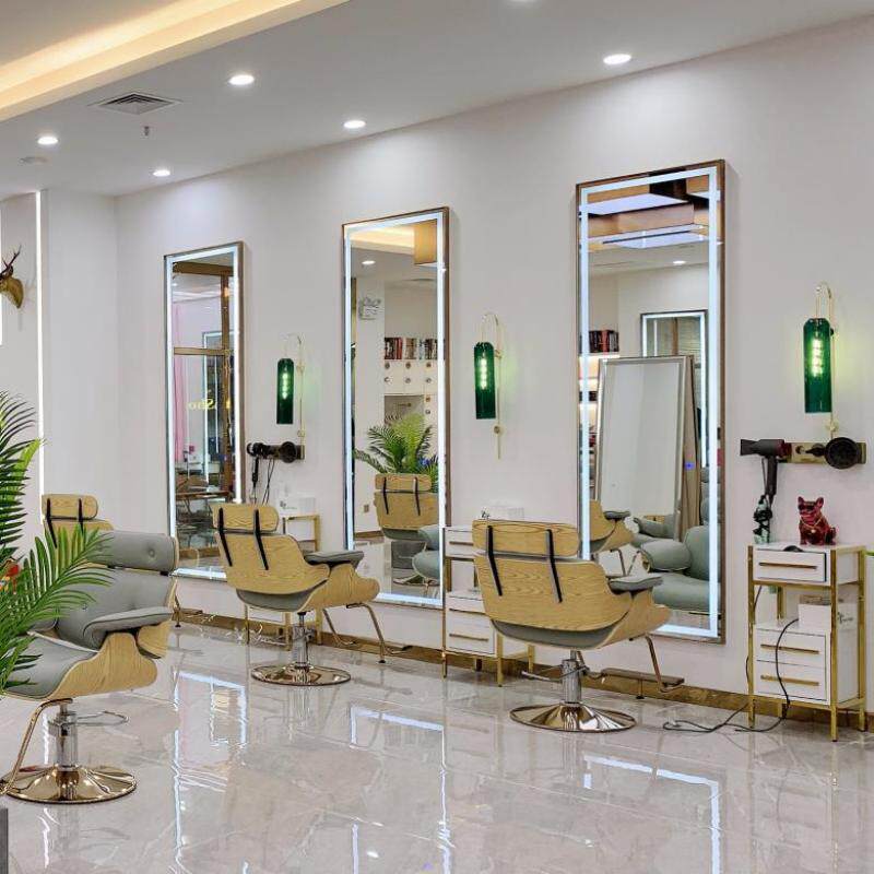 美发店镜子简约理发店镜台发廊专用带灯潮挂墙单面可定网红商用镜