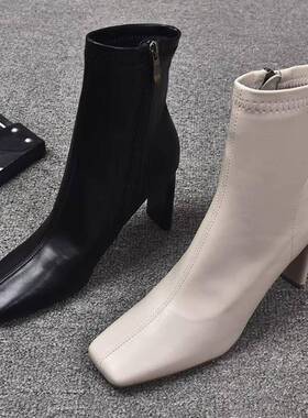 QVU~品牌专柜！气质方头粗跟短靴时尚百搭8cm增高复古及踝瘦瘦靴