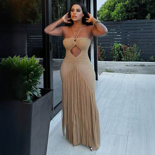 Women ’ s Crochet Knit Maxi Dress with Fringe see through
