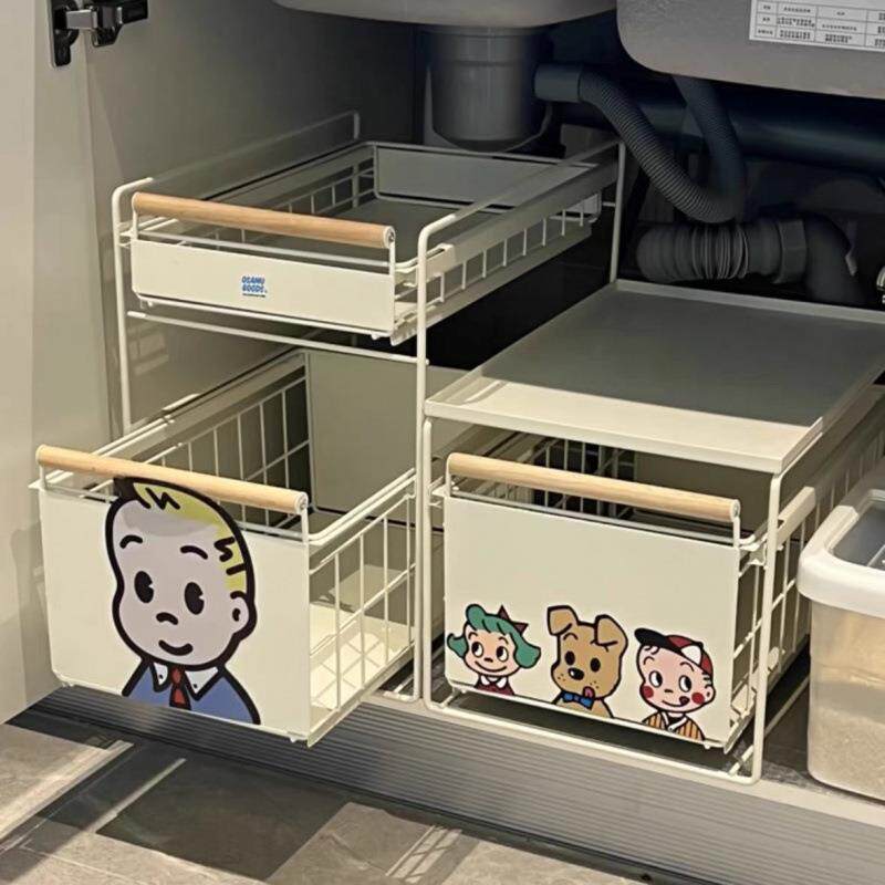 抽拉式橱柜拉篮碗碟免安装下水置物架厨房分层架调料水池收纳架