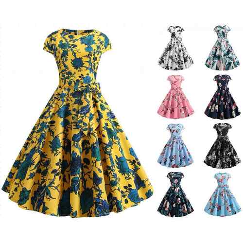 Women's printed short sleeved lace up dress with large swing