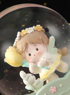 抖音创意精灵花园发光飘雪音乐盒水晶球夜灯生日礼物桌面摆件