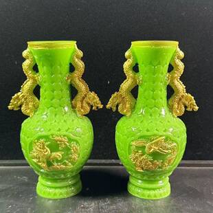 仿古夜光绿色花瓶树脂摆件一对百鸟朝凤家用装饰古玩收藏工艺品