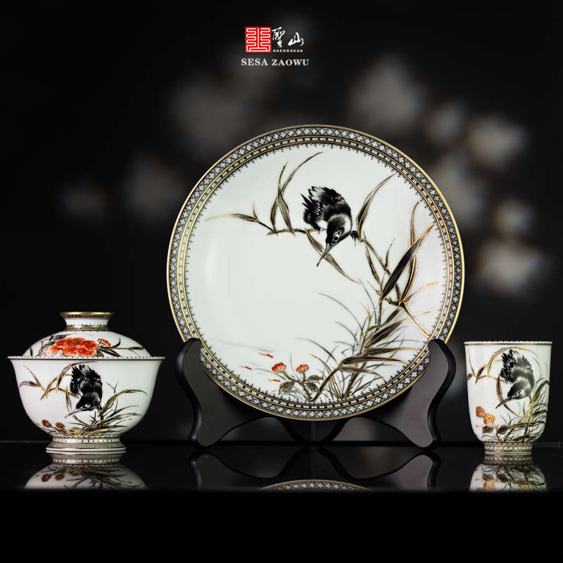 圣山高端墨彩矾红茶具景德镇陶瓷手绘单翠花鸟盖碗茶具泡茶盖碗