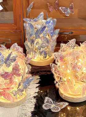 高级感炫彩3D立体发光蝴蝶居家装饰古风小夜灯电视柜工位桌面摆件