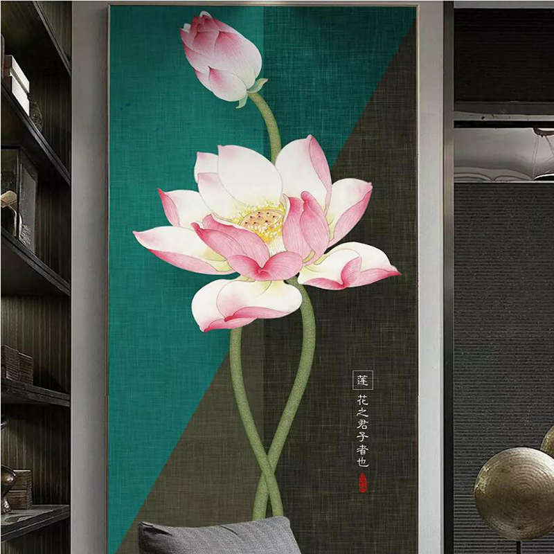 新中式禅意莲花客厅玄关装饰画荷花莲蓬水墨国画过道卧室实木挂画
