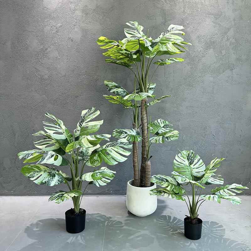 北欧风仿真绿植室内假树落地盆栽白色叶子龟背竹仿生植物装饰摆件