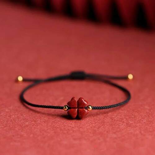 Natural Purple Cinnabar Lucky Clover Handmade Red Rope Lucky