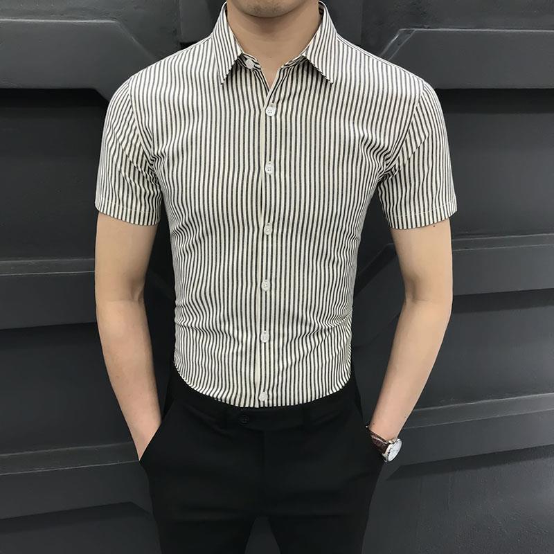 潮牌高级条纹短袖衬衫男新款夏季半袖商务休闲衬衣修身免烫寸衣潮