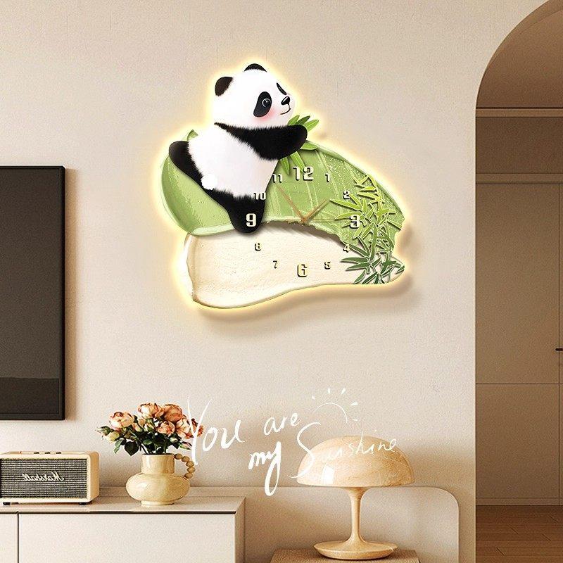 熊猫钟表画挂画饭厅装饰画客厅电视背景墙画创意时钟餐桌带灯墙画