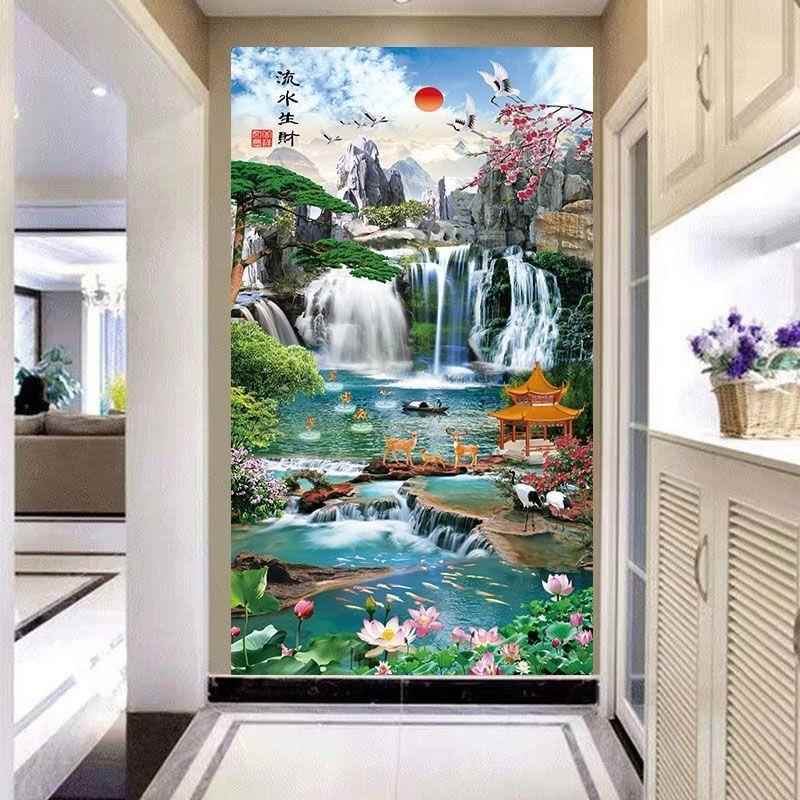 玄关贴纸画3d立体墙贴自粘装饰画竖版山水风景画走廊过道流水生财图片