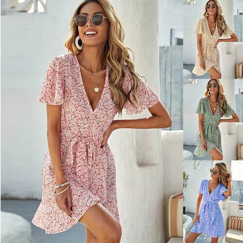 Printed lace up short sleeved dress 印花系带短袖连衣裙