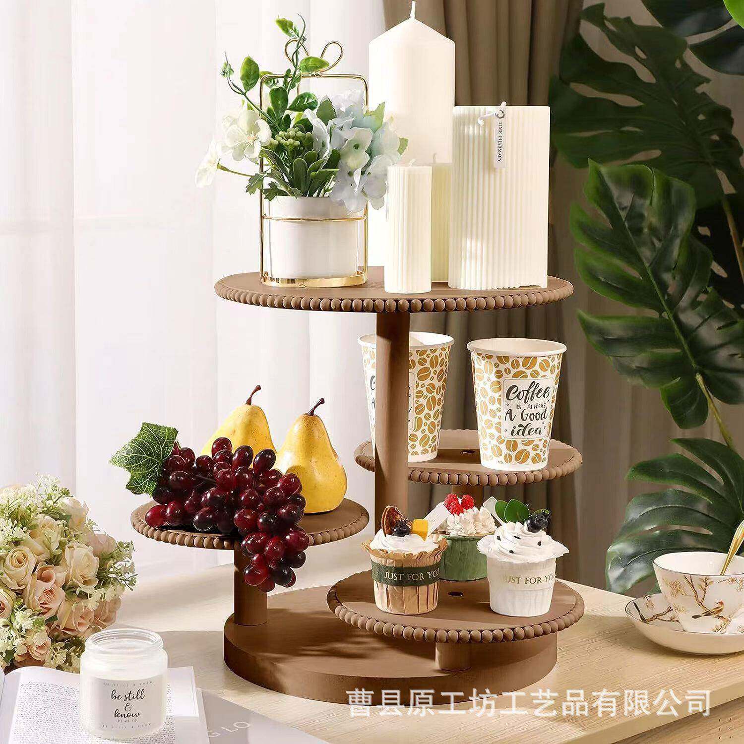 复古珠子托盘美式乡村桐木白色双层蛋糕盘展示架木制圆形串珠托盘