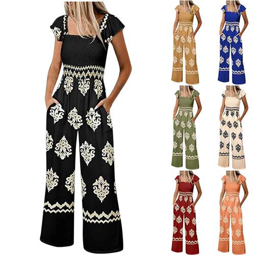 Women's jumpsuit, overalls, printed sleeves, high waist,