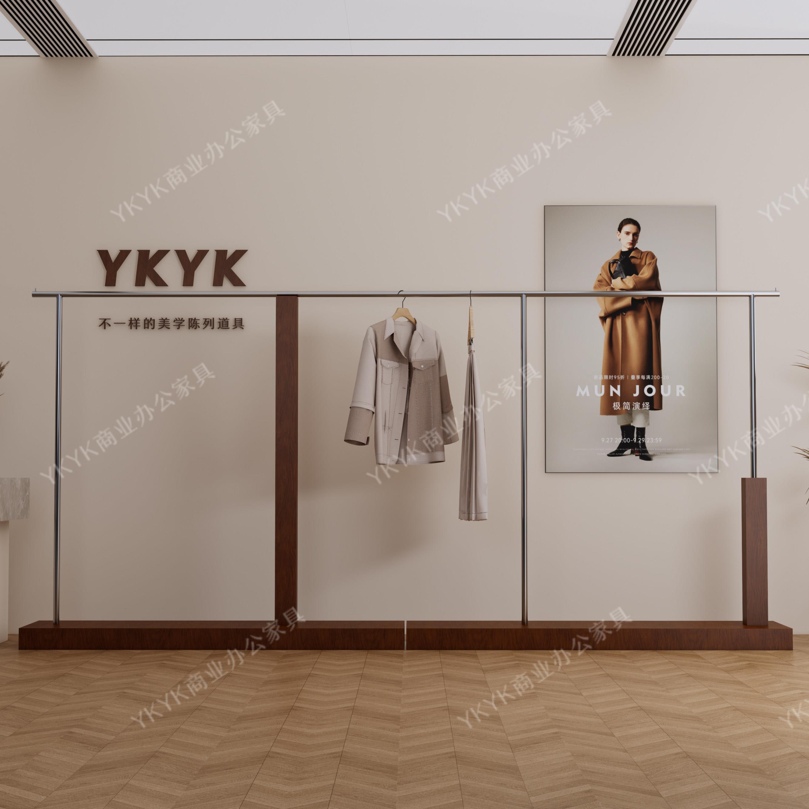 服装店展示架实木原木高级中古不锈钢胡桃木色女装货架中岛落地架