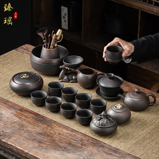 高端紫砂功夫茶具套装 整套 家用中式 复古风盖碗紫陶茶壶商务礼盒装