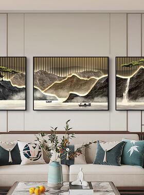 新中式客厅沙发背景墙挂画流水生财卧室三联画轻奢高级感晶瓷画