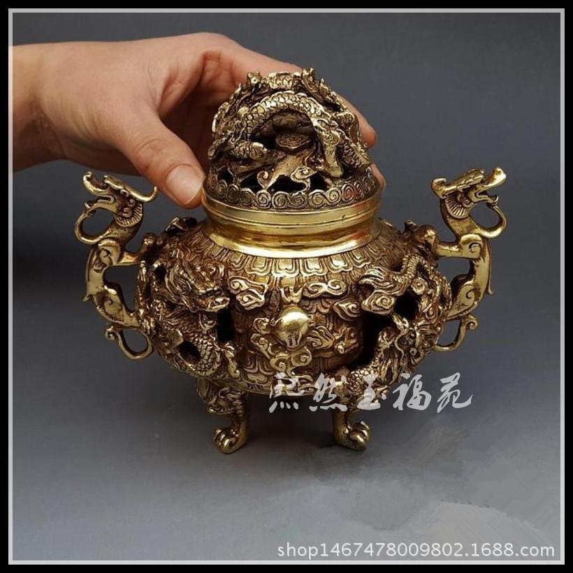 仿古纯铜九龙香炉摆件古玩收藏铜器镂空九龙香薰炉家居装饰工艺品